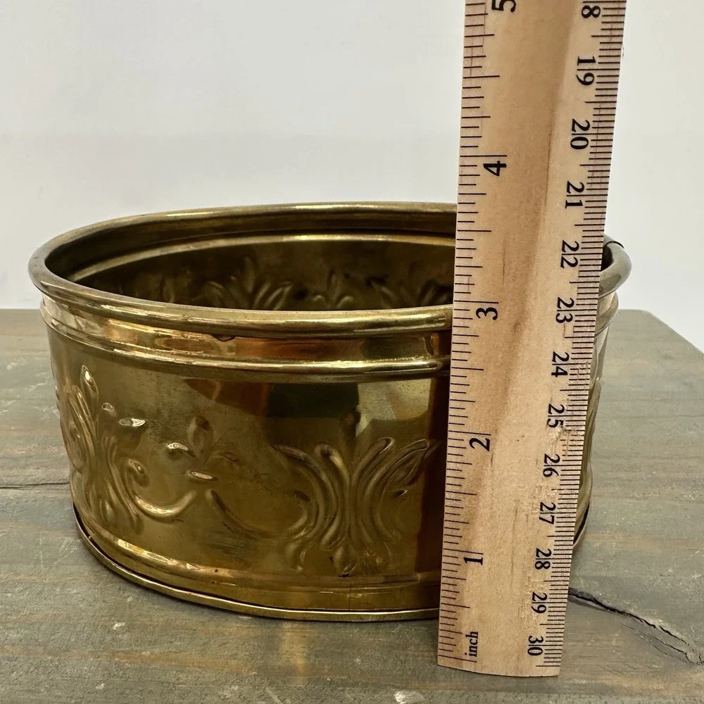 Vintage Brass Oval Planter Embossed Stamped Decorative Pot Ornate India